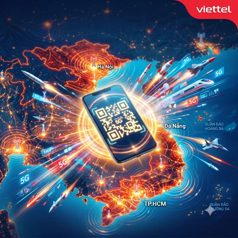 Digital illustration of a map with 5G connectivity symbols, a phone with a QR code, and the Viettel logo.