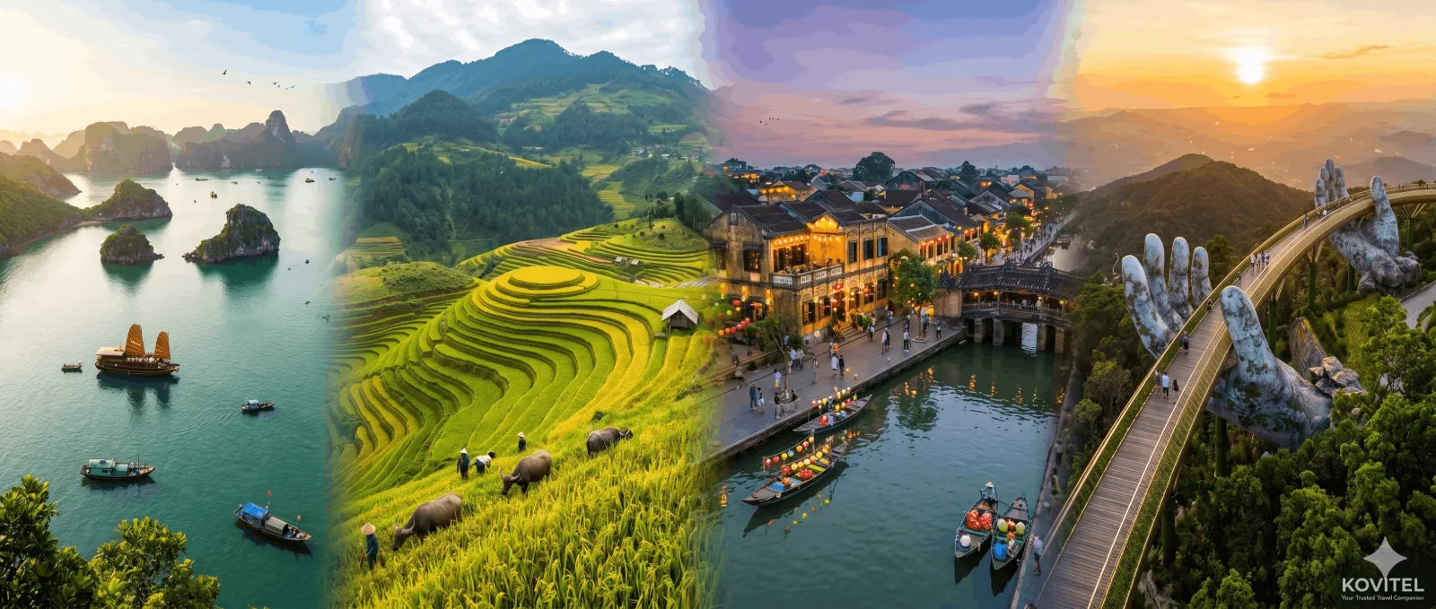 Collage of four scenic images including a lake, rice fields, a village, and a sunset over mountains in Vietnam